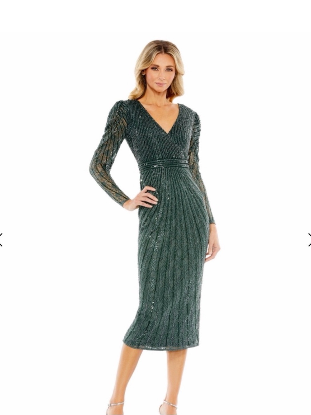 Mac Duggal Teal Sequin V‑Neck Long‑Sleeve Midi Dress